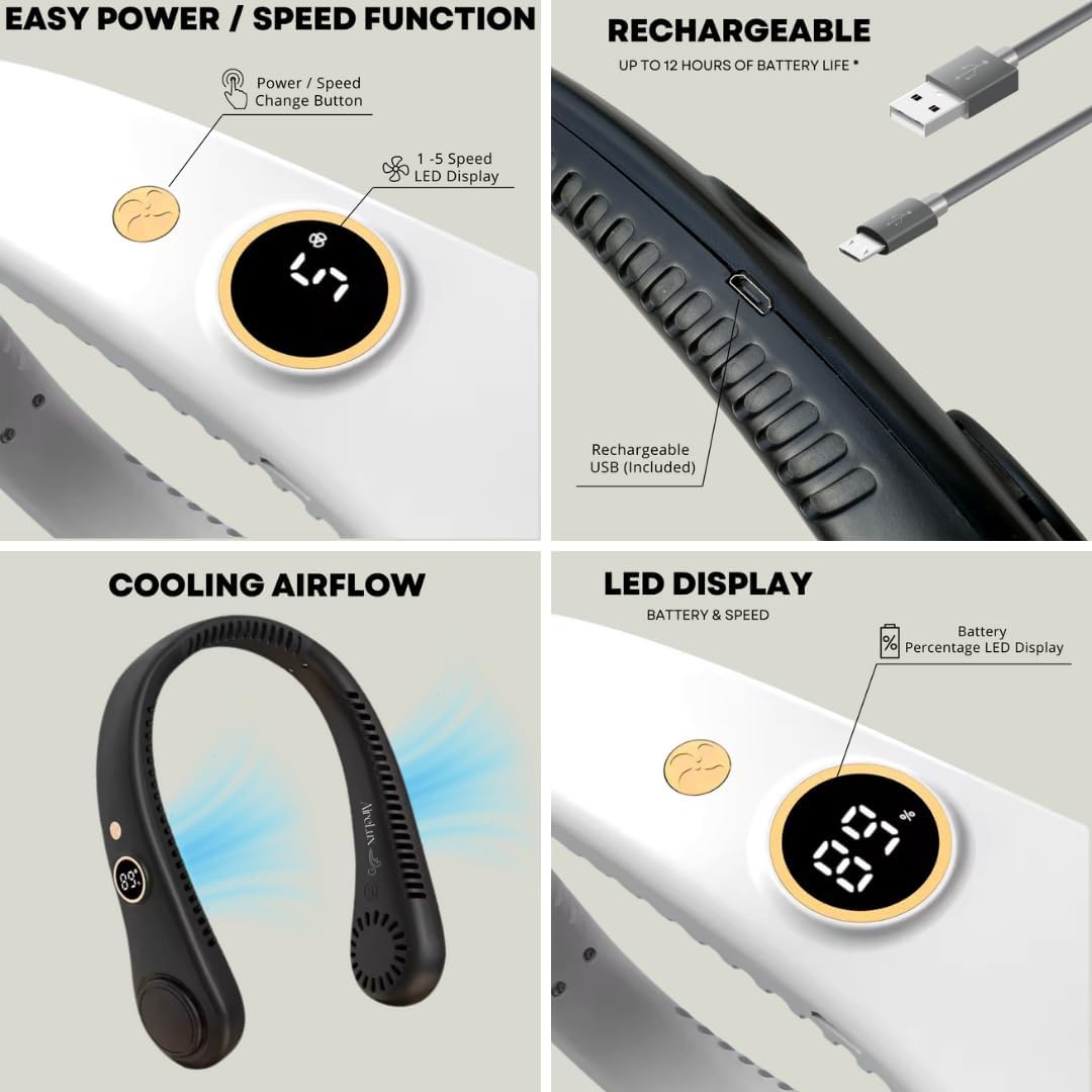 Cooling Neck Fan, 5-Speed, USB Rechargeable Bladeless Hands-Free Portable Lightweight Quiet LED Display Indoor Outdoor Birthday Xmas Gift Men Women Summer Travel (Classic White), BZ-F101A