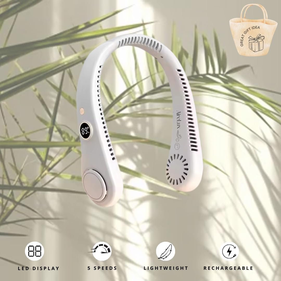 Cooling Neck Fan, 5-Speed, USB Rechargeable Bladeless Hands-Free Portable Lightweight Quiet LED Display Indoor Outdoor Birthday Xmas Gift Men Women Summer Travel (Classic White), BZ-F101A